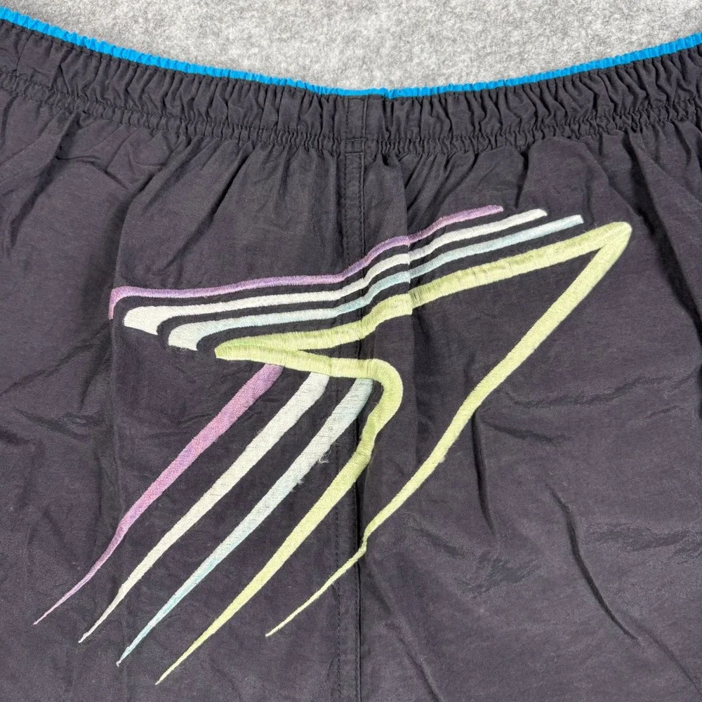 Vintage 90s Speedo Swim Trunks Black Neon Graphic Embroidered Logo Shorts Mens L